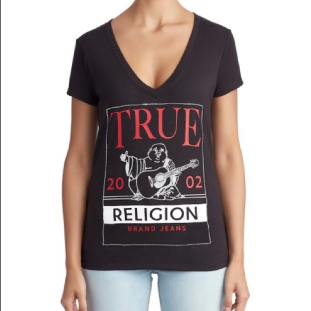 True Religion VTG Y2K 2002 World Tour Black V-Neck Buddha Logo Graphic T-Shirt